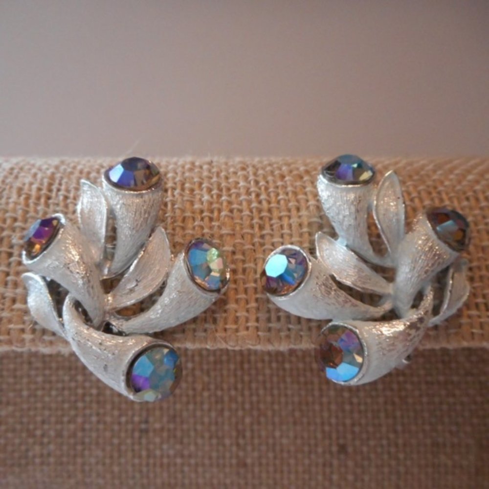"White Wash Silver Aurora Borealis Clip Earrings "